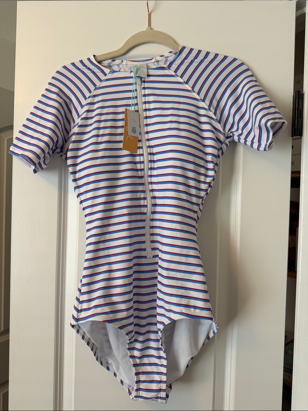 Kona Sol White Short-Sleeve One-Piece with Blue and Red Stripes